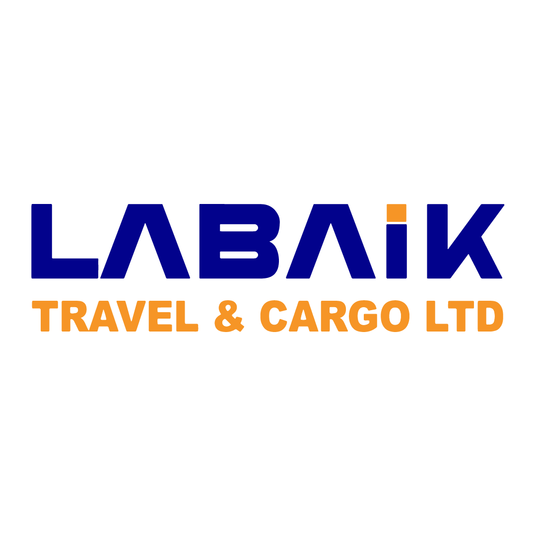 Labaik Travel & Cargo Ltd logo in blue and orange, representing Hajj, Umrah, travel, and cargo services.